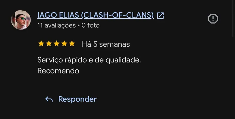 Avaliação de 5 estrelas no Google de Iago Elias: Serviço rápido e de qualidade. Recomendo.